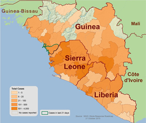 A map of case distribution in West Africa as of Oct. 21.