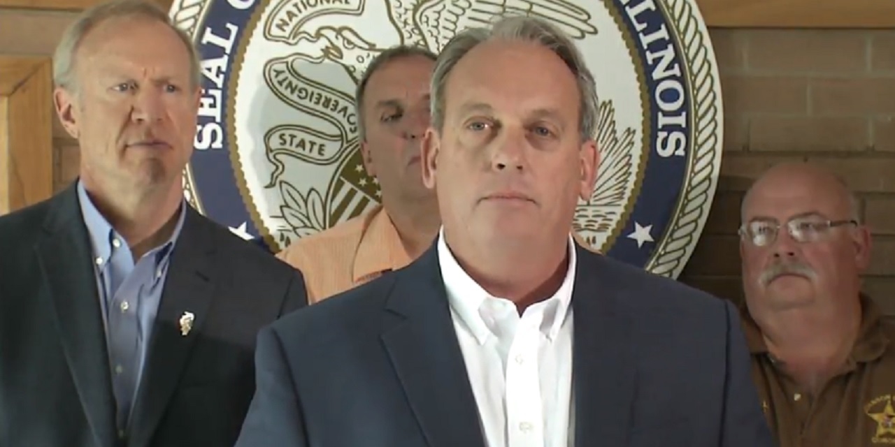 State Senate District 59 Republican candidate Dale Fowler, center, during his remarks and at appearance by Gov. Bruce Rauner at Vienna Correction Center.