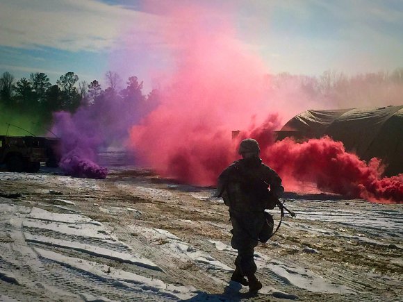 A Soldier from the 22nd Chemical Battalion trains for chemical, biological, radiological, nuclear and explosive elimination operations on Fort A.P. Hill, Virginia, Feb. 26 – March 6.