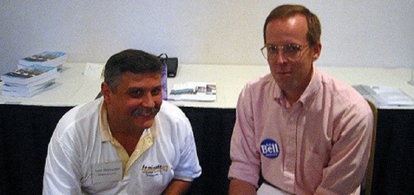 Virginia Delegate Rob Bell, pictured here with a constituent, is dredging up an old controversy of VP candidate Tim Kaine's