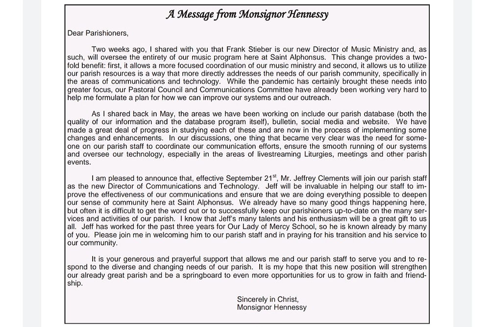 ST. ALPHONSUS CHURCH, MAPLE GLEN A Message from Monsignor Hennessy