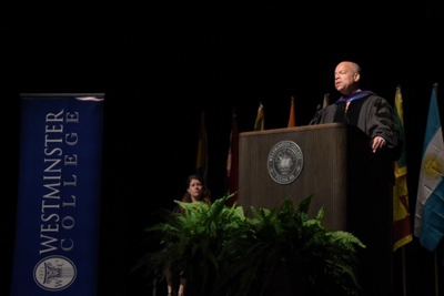 Secretary of Homeland Security, Jeh Johnson delivers the keynote address at the Hancock Symposium at Westminster College on Wednesday.
