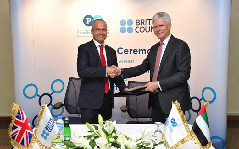 Marc Jessel, left, of the British Council and Thomas Hochstettler, president of the Petroleum Institute University and Research Centre