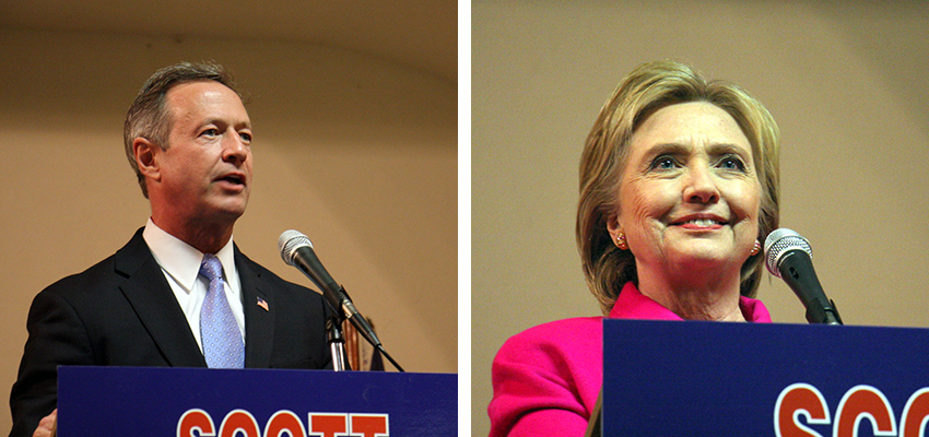 Speaking at a he Scott County Democrats annual Red, White and Blue Banquet in Davenport, Iowa Jan. 23 2016 are Maryland Gov. Martin O'Malley and former Secretary of State Hillary Clinton.