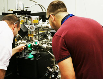 ORNL’s Phil Edmondson and James Ferriday from the U.K.’s University of Sheffield use atom probe tomography to investigate the irradiation performance of low-alloy steels used in reactor pressure vessel components.