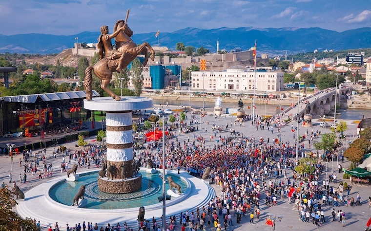 A massive statue of Alexander the Great in the center of Macedonia's capital of Skopje.