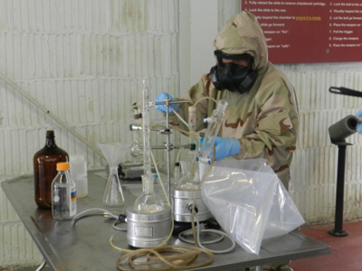 A 22nd Chemical Batallion soldier conducts a capabilities demonstration.