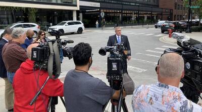 Sen. Darren Bailey speaks to the press Sept. 15