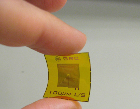 Pictured is an example of a wireless, battery-free RFID sensor tag for detection of chemicals such as explosives and oxidizers at very low concentrations. These sensors could aid in U.S. counter-terrorism efforts by providing advanced chemical and explosi