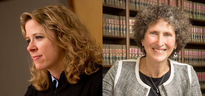 On the left, Justice Rebecca Bradley hears a case in 2012. On the right, Court of Appeals Judge JoAnn Kloppenburg poses in this undated photo. The two are running for Wisconsin Supreme Court in the April 5 election.