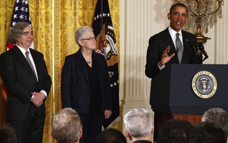 President Obama alongside Secretary of Energy Edgar Moniz (left).