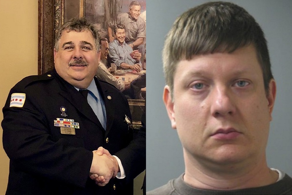 Chicago Fraternal Order of Police President Kevin Graham, left, and the mug shot of Chicago police Officer Jason Van Dyke.
