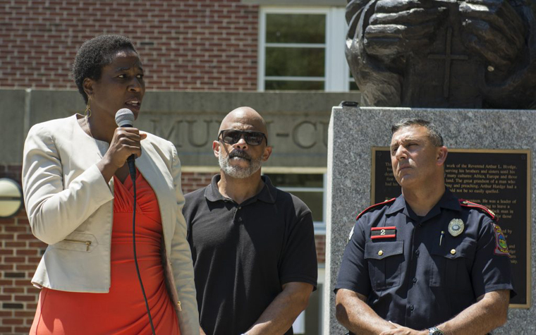 Associate Vice President for Community Equity and Diversity Naomi Thompson speaks during a vigil held at URI.