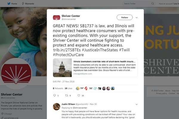 Sargent Shriver National Center on Poverty Law's Nov. 27 Tweet following override of Gov. Bruce Rauner's veto and enrollment of SB1737 as a public act