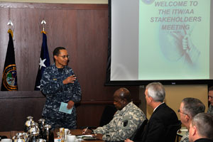 U.S. Navy Adm. Cecil D. Haney (left), U.S. Strategic Command commander, speaks during an Integrated Tactical Warning and Attack Assessment stakeholder's meeting, Peterson Air Force Base, Colo., Feb. 24, 2015.