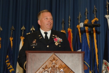 Col. Robert Stein speaks during his retirement ceremony, he served as the operations officer of the 20th CBRNE Command.