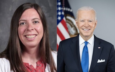 Ideal Elementary School Principal  Eilidh J. Hall (L) and President Joe Biden (R)