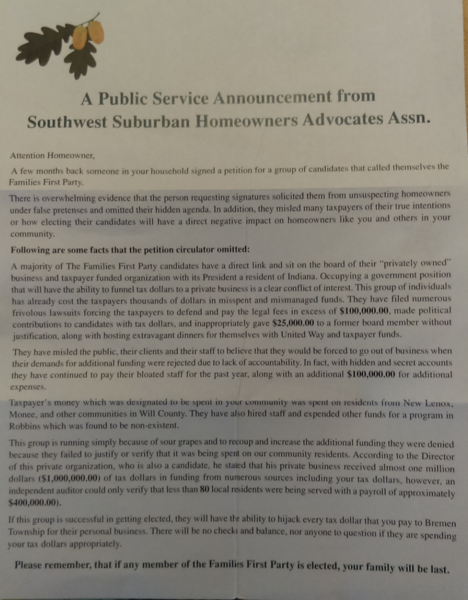 This anonymous letter backing Maggie Crotty for Bremen Township Supervisor arrived in thousands of mailboxes. It claims to have been sent by a group that doesn't apparently exist.