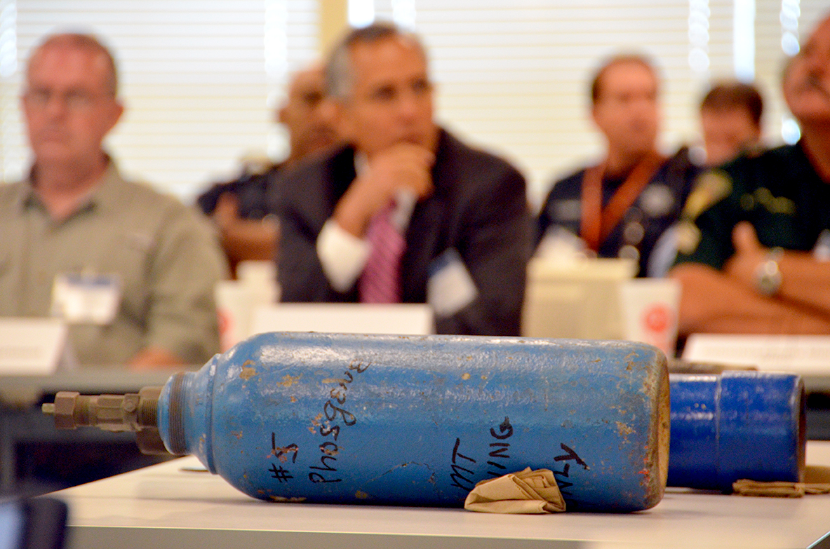 Chemical storage tanks provided a visual aid during an FBI-led exercise in Houston designed to test emergency responders in the event of a chemical attack.