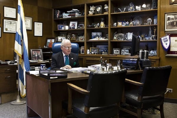 Alderman Edward M. Burke at his desk in his 14th Ward office, photographed in 2012 as part of the 50 Aldermen/50 Artists project.
