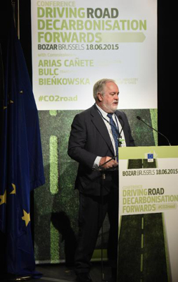 Miguel Canete speaks at the earlier Conference on Driving Decarbonization of Road Transport on June 18.
