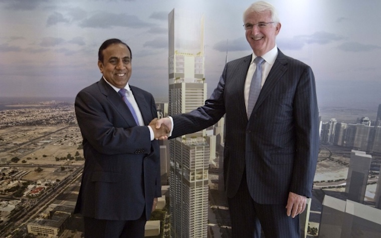 RP Group Chairman Ravi Pillai (left) and Jumierah CEO Gerald Lawless at a ceremony held at the Jumeirah Group’s flagship property, the Burj Al Arab Jumeirah