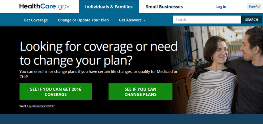 A screen capture of the healthcare.gov website March 24, 2016.