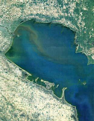 Plume of sediment in Saginaw River, leading to Saginaw Bay, Mich.